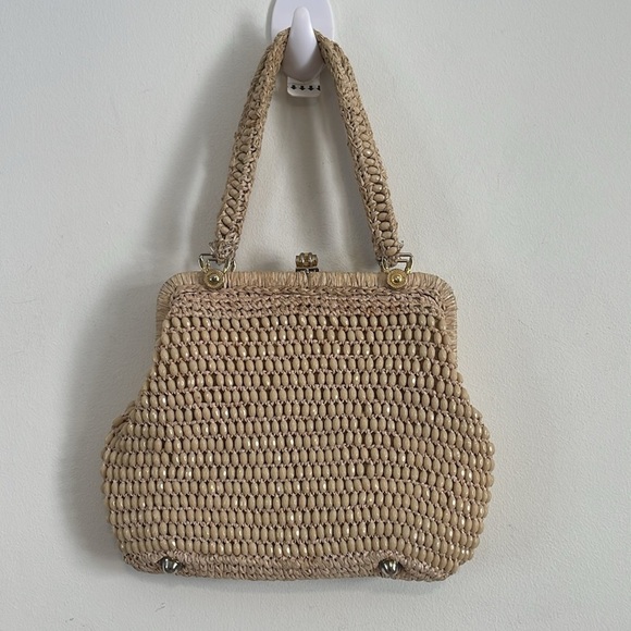 Vintage Handbags - Beaded Bag Tan Hand Kids Lock Gold Vintage bohemian Hippie Natural Euro Summer